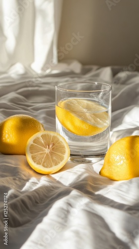 Refreshing lemon water with fresh lemons on a soft white bed linen in natural...
