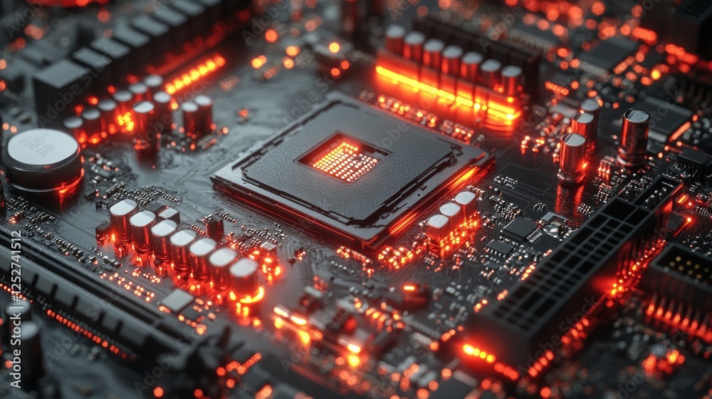 Glowing CPU on motherboard, tech background, computer hardware, website use Glowing CPU on motherboard, tech background, computer hardware, website use