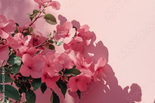 Beautiful pink flowers arranged on a soft coral background for aesthetic deco...