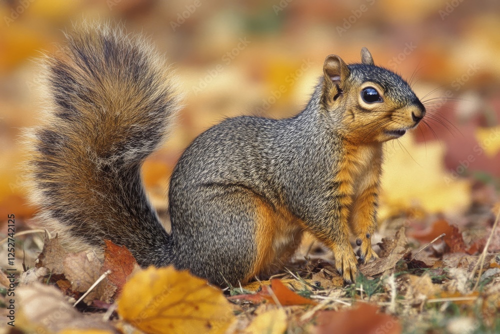 Squirrel exploring autumn leaves in a tranquil forest setting during daylight hours Squirrel exploring autumn leaves in a tranquil forest setting during daylight hours
