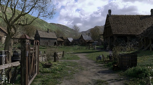 A charming medieval village nestled among rolling hills under a partly cloudy sky