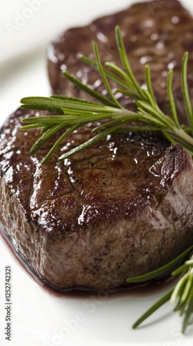 Fresh cut beef steak garnished with rosemary and sea salt on a white plate