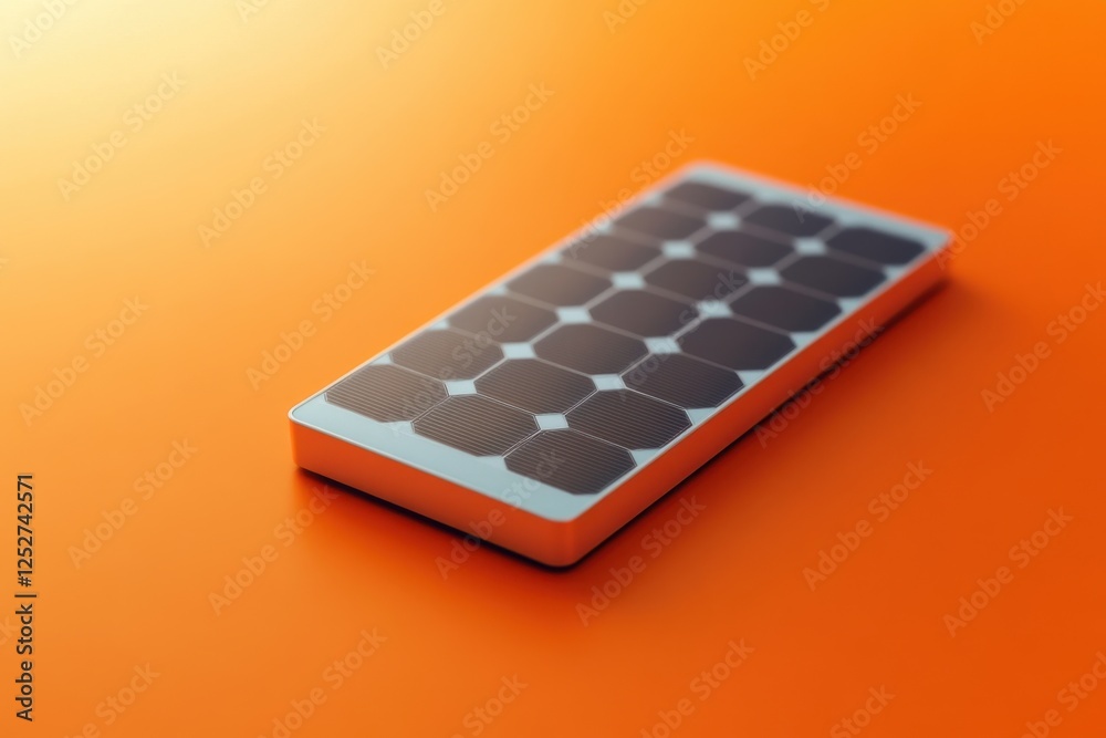 Rectangular solar panel sits diagonally on a solid orange background Rectangular solar panel sits diagonally on a solid orange background