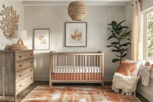 Soft and cozy nursery with simple decor and natural light enhancing calm atmo...