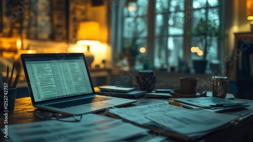Late-Night Productivity, Laptop and Documents on a Cozy, Cluttered Desk with Soft Window Lighting
