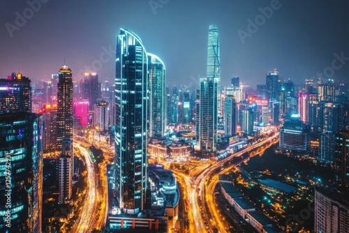 Wallpaper Mural Bright cityscape at night with busy streets and colorful lights in urban center Torontodigital.ca