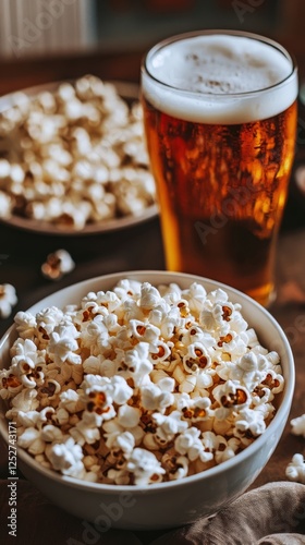 Enjoying popcorn and beer in a cozy living room setting during the evening hours