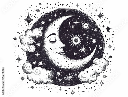 Crescent Moon Face Illustra...