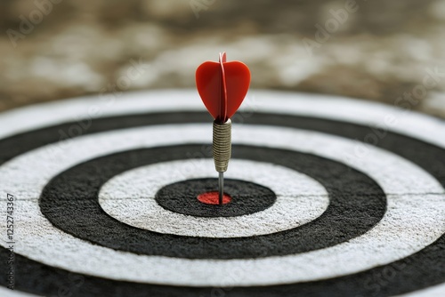 Dart with heart-shaped tip hits center of target on a bullseye in a calm setting