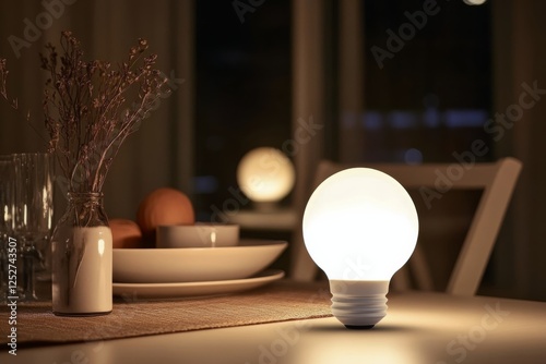 Soft glow of a decorative light bulb illuminating a cozy dining table setting