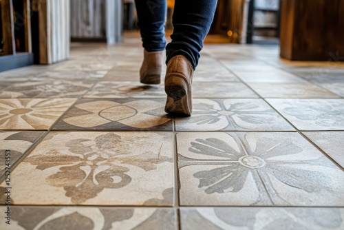 Walking gracefully on patterned tiles in a sunlit indoor space