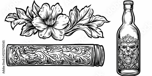 Ornate Bottle and Floral Il...