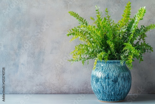 Green fern in a decorative blue vase against a textured gray background
