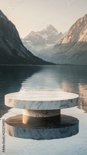 Marble table quietly resting in a serene pond surrounded by autumn foliage