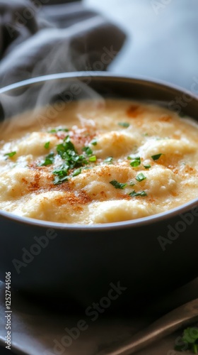 Warm dumpling soup served in a black bowl with steam rising against a blurred...
