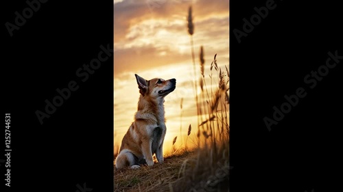 Dog sunset field silhouette calm nature