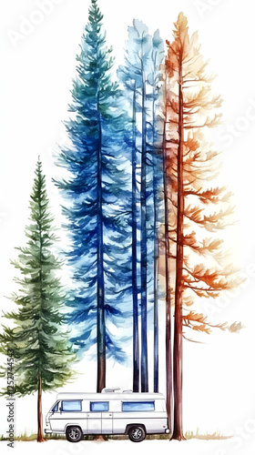 Watercolor Camper Van Fores...