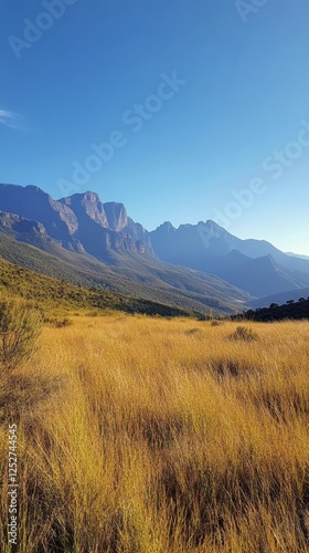 Breathtaking view of mountainous landscape with golden grass under clear blue...
