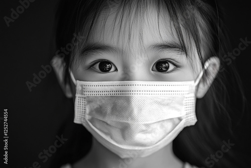 An Asian woman putting on a medical disposable mask to avoid contagious viruses. Black and white photo. 