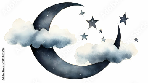 Watercolor Crescent Moon Il...