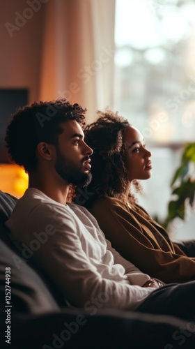 Couple enjoying time together in a cozy living room during evening hours