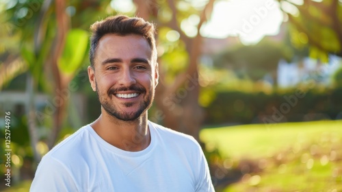 A stylish and handsome man in a white t-shirt, bringing a fresh and timeless vibe to any setting.