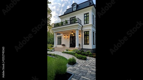 Elegant white mansion, landscaped garden, evening light, real estate