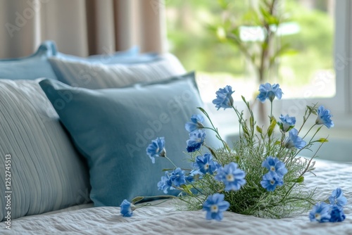 Blue hydrangea bouquets arranged on a bed with navy blue pillows in a serene ...