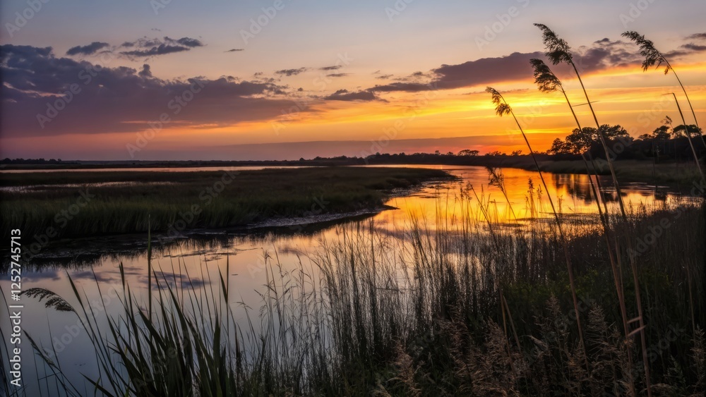 Serene Marsh at Dusk: Long Exposure Photography of Vibrant Wetlands