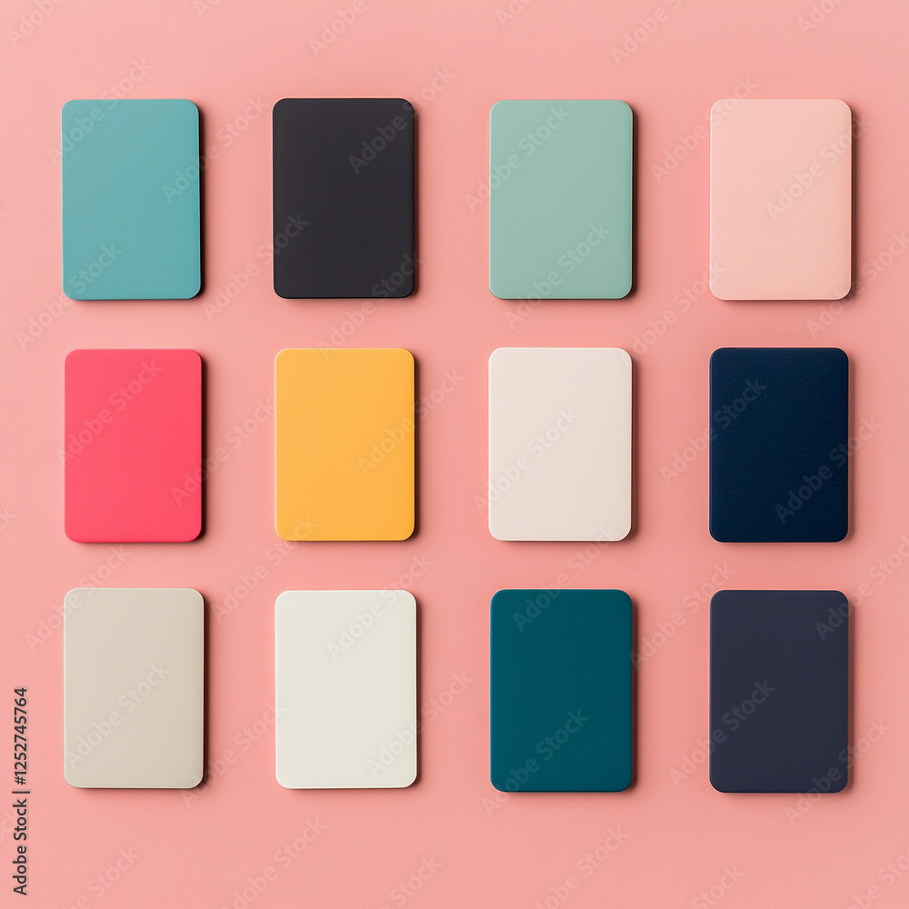 Colorful abstract cards arranged on a pink background, showcasing various shades and tones. Colorful abstract cards arranged on a pink background, showcasing various shades and tones.