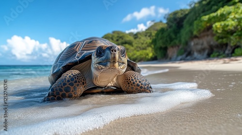 Turtle on tropical beach with ocean waves and lush greenery, nature and wildlife concept
