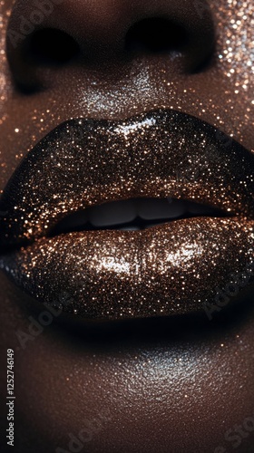 Sparkling beauty close up showcasing shimmering lips and glowing skin in natu...