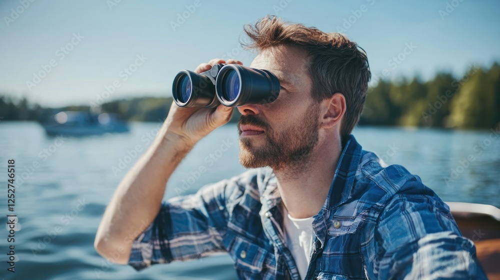 A man on a boat, scanning the horizon with binoculars on a sunny day. A man on a boat, scanning the horizon with binoculars on a sunny day.