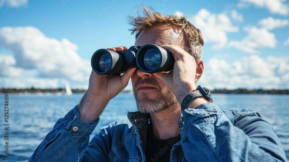 Obraz premium A man on a boat, scanning the horizon with binoculars on a sunny day.