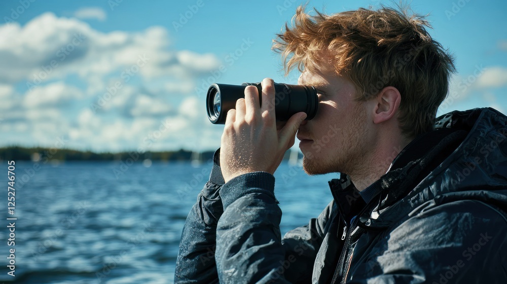A man on a boat, scanning the horizon with binoculars on a sunny day. A man on a boat, scanning the horizon with binoculars on a sunny day.