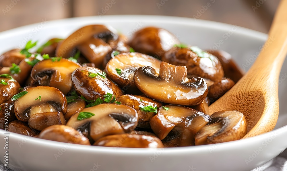 Fototapeta premium Luxurious sautéed mushrooms in creamy sauce with a wooden spoon, Generative AI