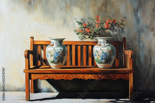 Elegant ceramic vases on a rustic wooden bench against a textured wall
