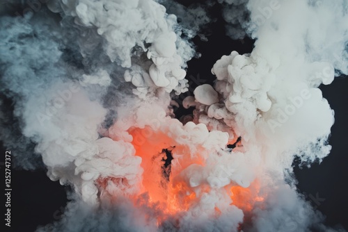 Bright flames emerge from thick, dark smoke swirling in a captivating display...