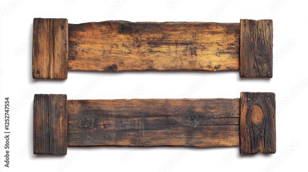 Fototapeta premium Wooden ribbons set. Rustic panels for text and inscription. Placard and billboard. Rough hardwood plates and signboards. Realistic vector collection isolated on white background