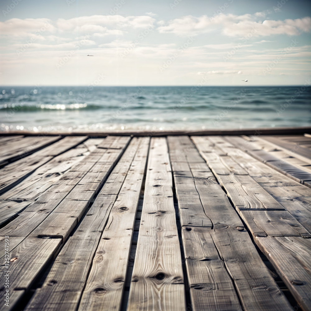 The image shows a weathered wooden deck leading up to a serene beach scene with calm ocean waters and a partly cloudy sky. The image shows a weathered wooden deck leading up to a serene beach scene with calm ocean waters and a partly cloudy sky.