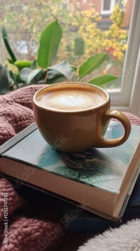 Warm cup of coffee resting on a cozy blanket with a book during autumn aftern...