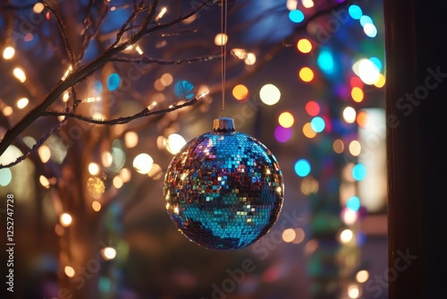 Colorful Christmas ornament hanging from tree with blurred festive lights in ...