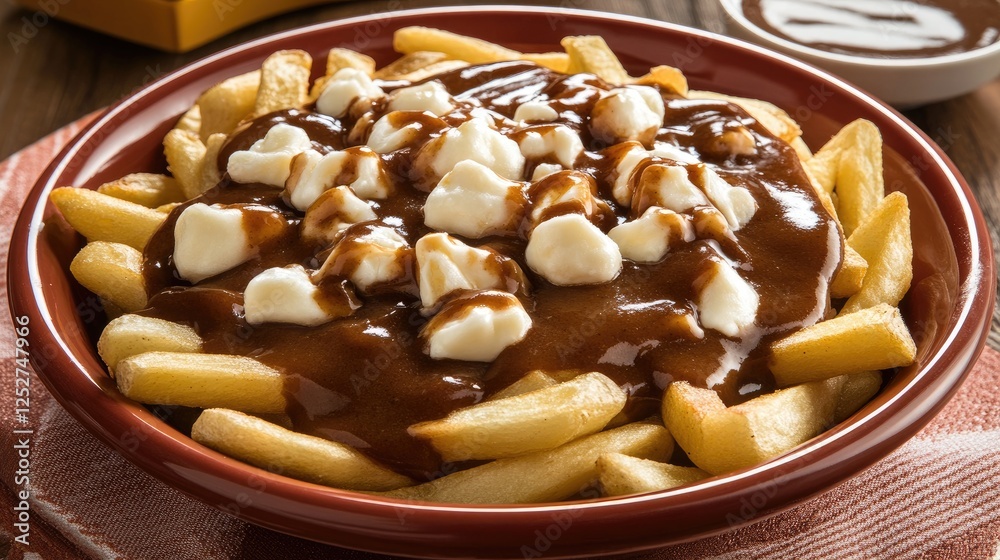 A bowl of hearty Canadian poutine with crispy fries, cheese curds, and rich brown gravy A bowl of hearty Canadian poutine with crispy fries, cheese curds, and rich brown gravy