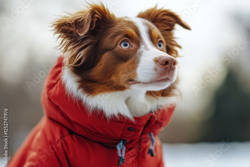 Dog in red jacket enjoying winter day in snowy environment with trees in back...