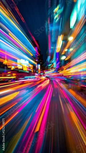 Vibrant lights illuminate a bustling street in a lively urban setting at night