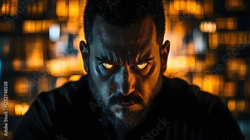 A dramatic portrait of a hacker s intense focused expression with their face illuminated by the glow of digital screens and technological shadows in a moody suspenseful atmosphere photo