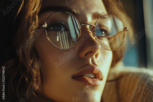Close-up portrait of a bespectacled person with striking features in dramatic...
