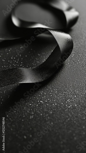 Black ribbon elegantly draped on textured dark surface with shimmering details