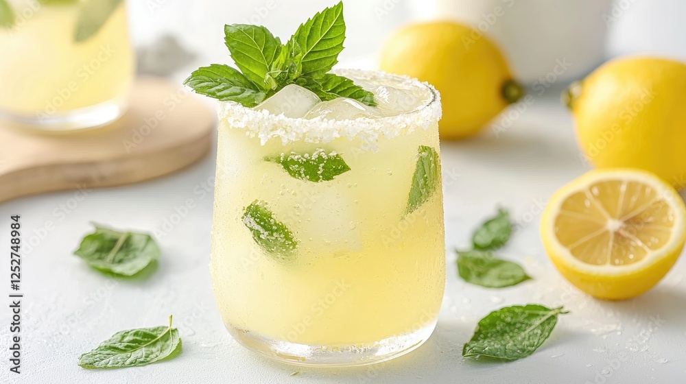 Fototapeta premium Refreshing lemonade drink with mint, ice, and salt rim