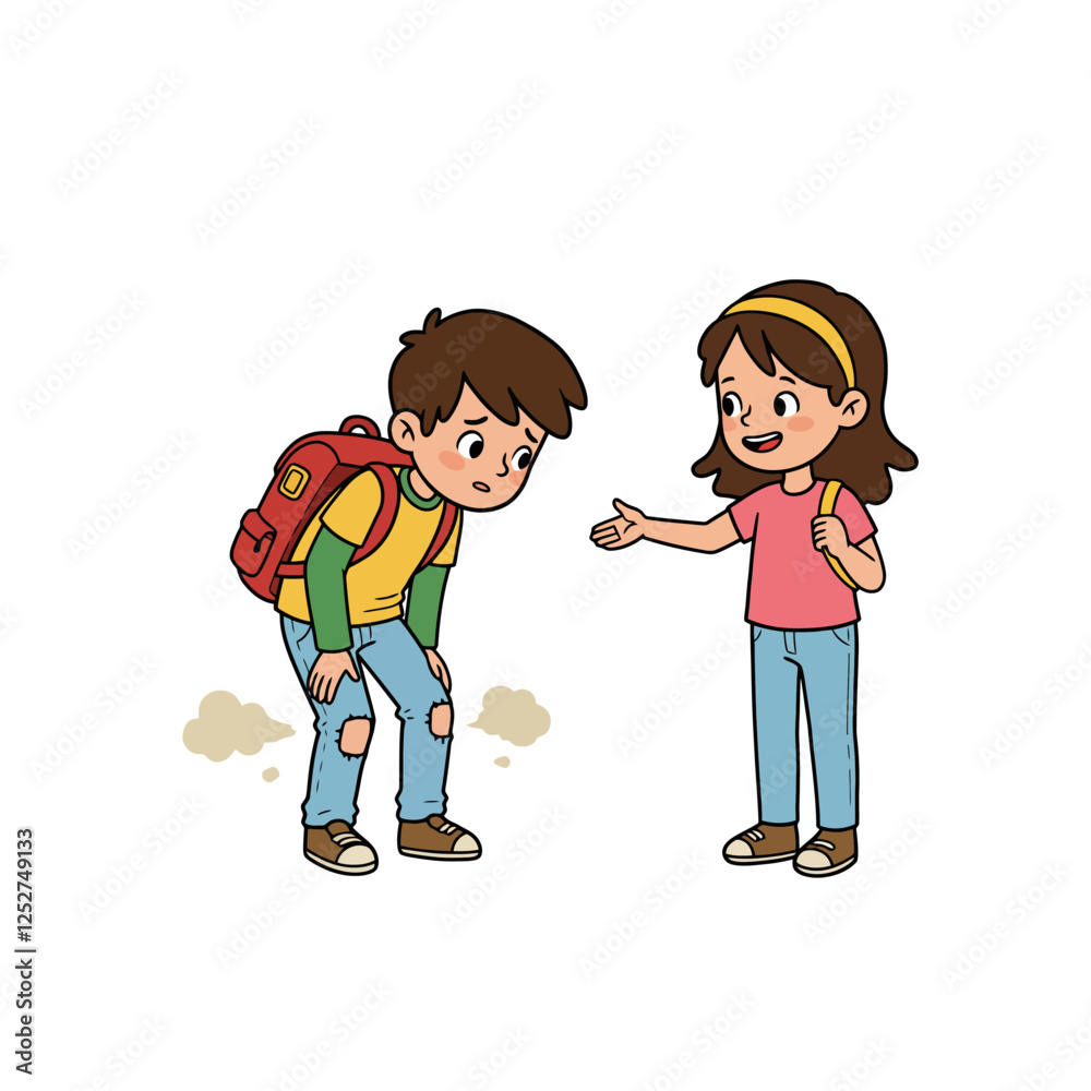 Girl Helping Tired Boy with Backpack Illustration